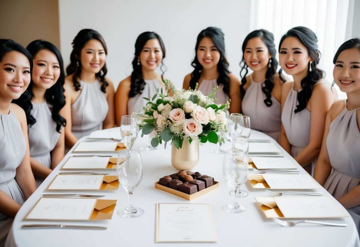 A table set with elegant stationery, a delicate bouquet, and a box of chocolates, surrounded by happy bridesmaid candidates