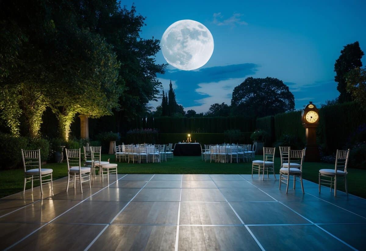 A moonlit garden with empty chairs and a cleared dance floor, a clock striking 11pm in the distance