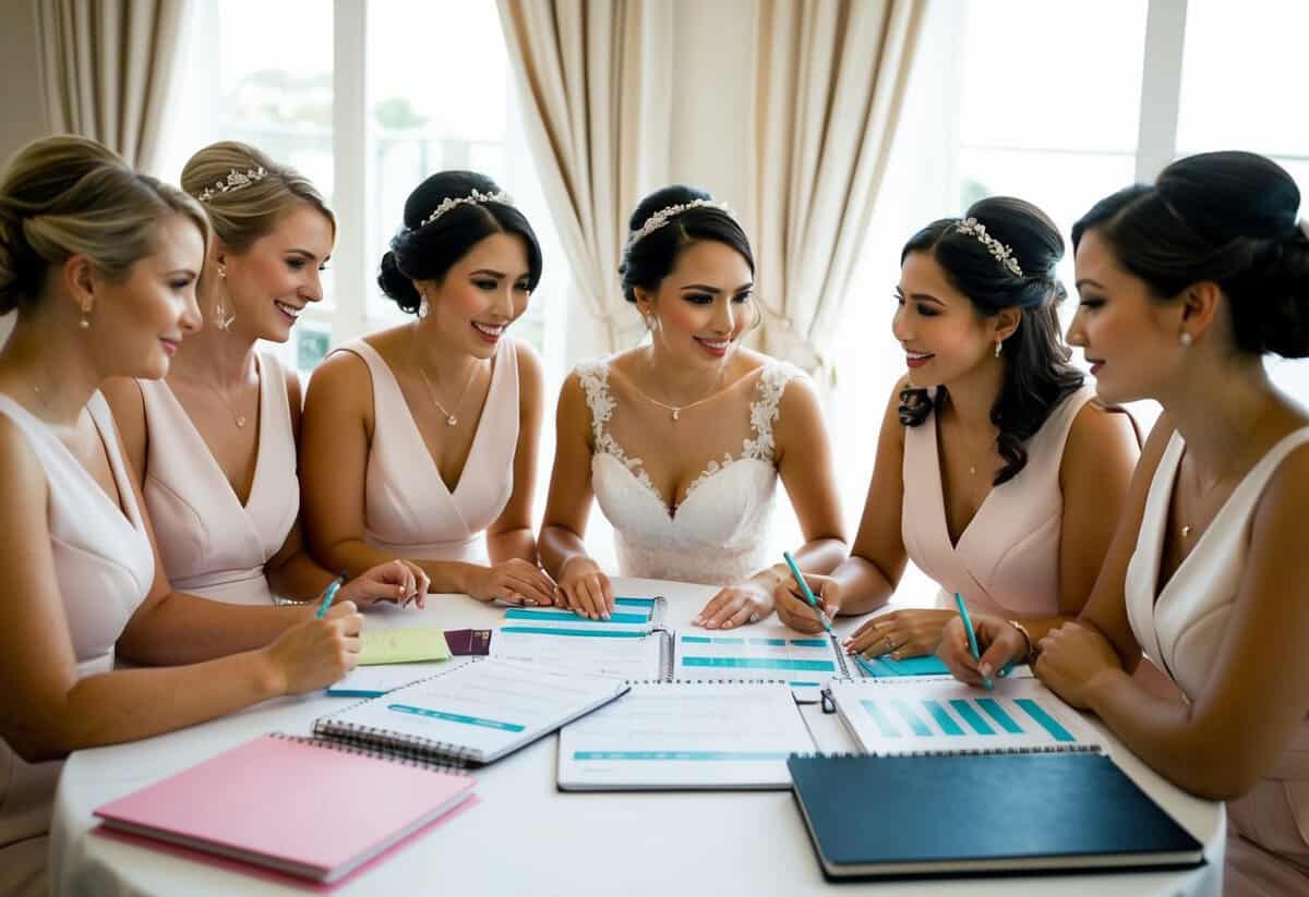 A group of bridesmaids gather around a table, discussing plans and timelines for the wedding, with calendars and notebooks spread out in front of them