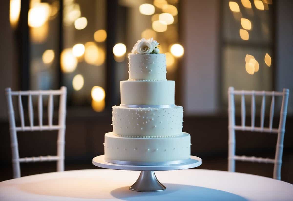 A wedding cake untouched, with two empty chairs nearby