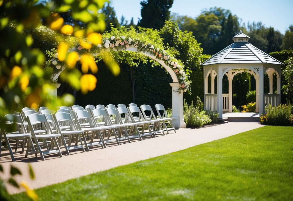 A sunny outdoor garden with chairs arranged in rows, a decorated arch, and a pathway leading to a gazebo