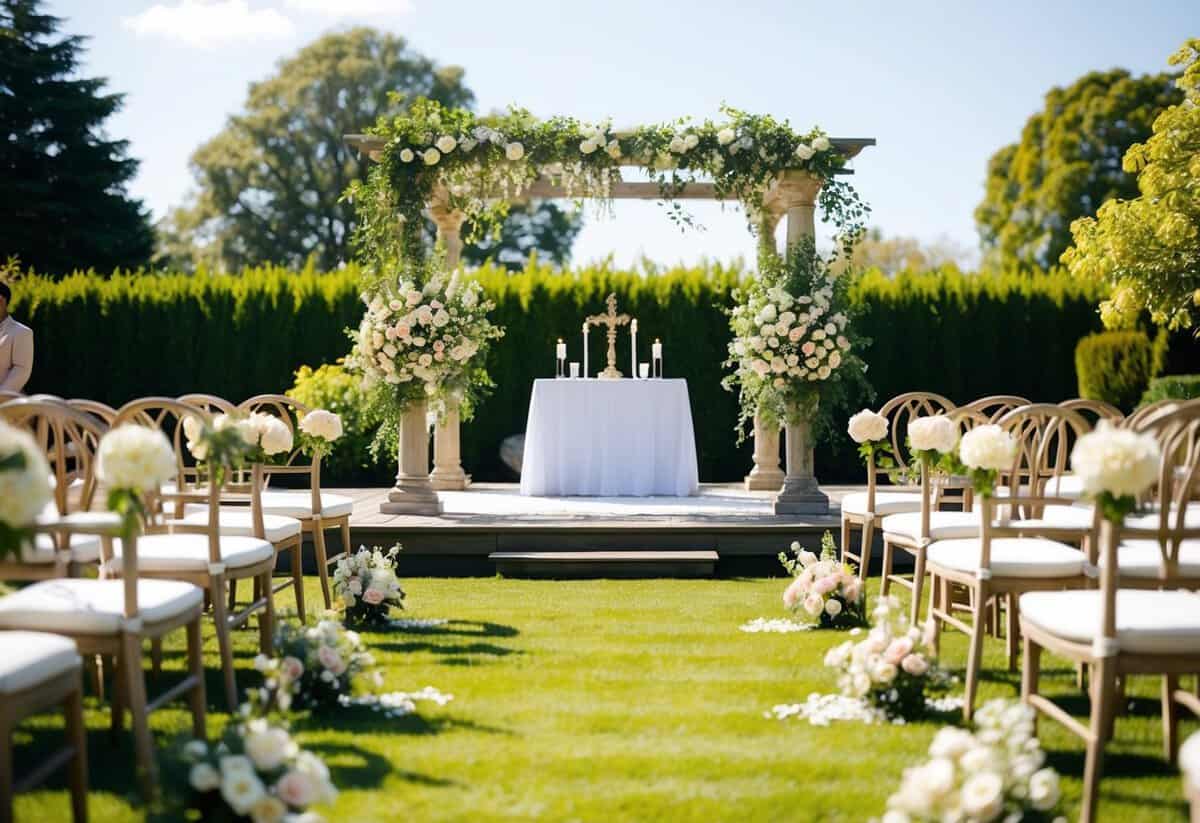 A sunny outdoor garden with blooming flowers and a decorated altar, set for a wedding ceremony at 2pm