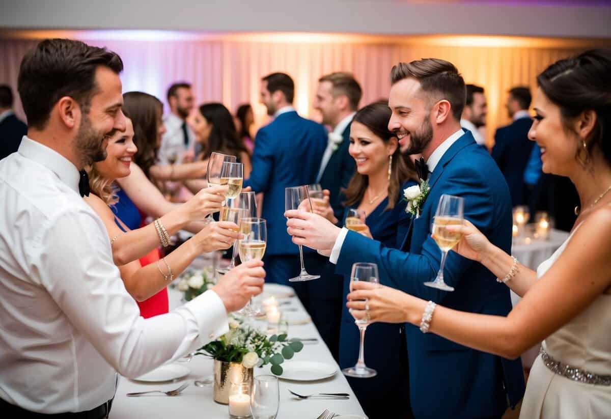 Guests mingle, clinking glasses and chatting. Tables are cleared, music starts, and people begin to dance and celebrate