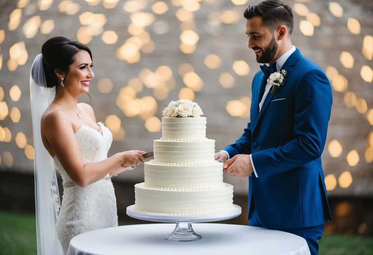 A bride and groom stand beside a tiered wedding cake, holding a knife together as they prepare to cut into the cake