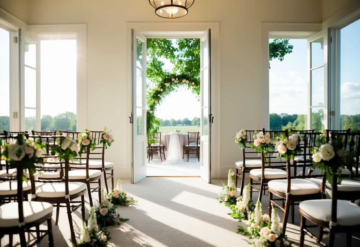 Sunlight streams through open windows onto a neatly arranged ceremony space. Flowers are being carefully placed, chairs are being set up, and a sense of anticipation fills the air