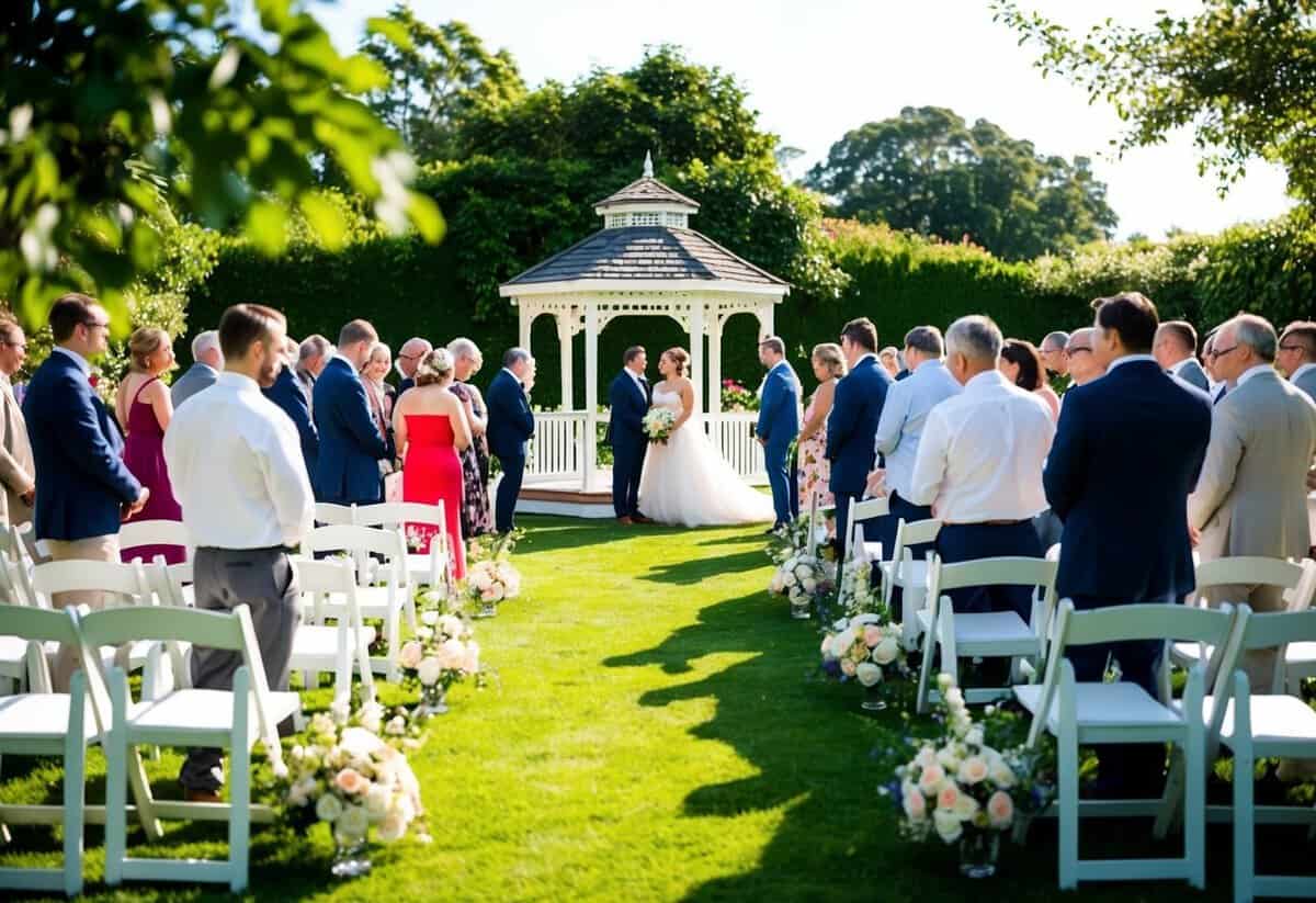 Guests gather in a sun-drenched garden, adorned with flowers and white chairs. A gazebo stands at the center, ready for the wedding ceremony