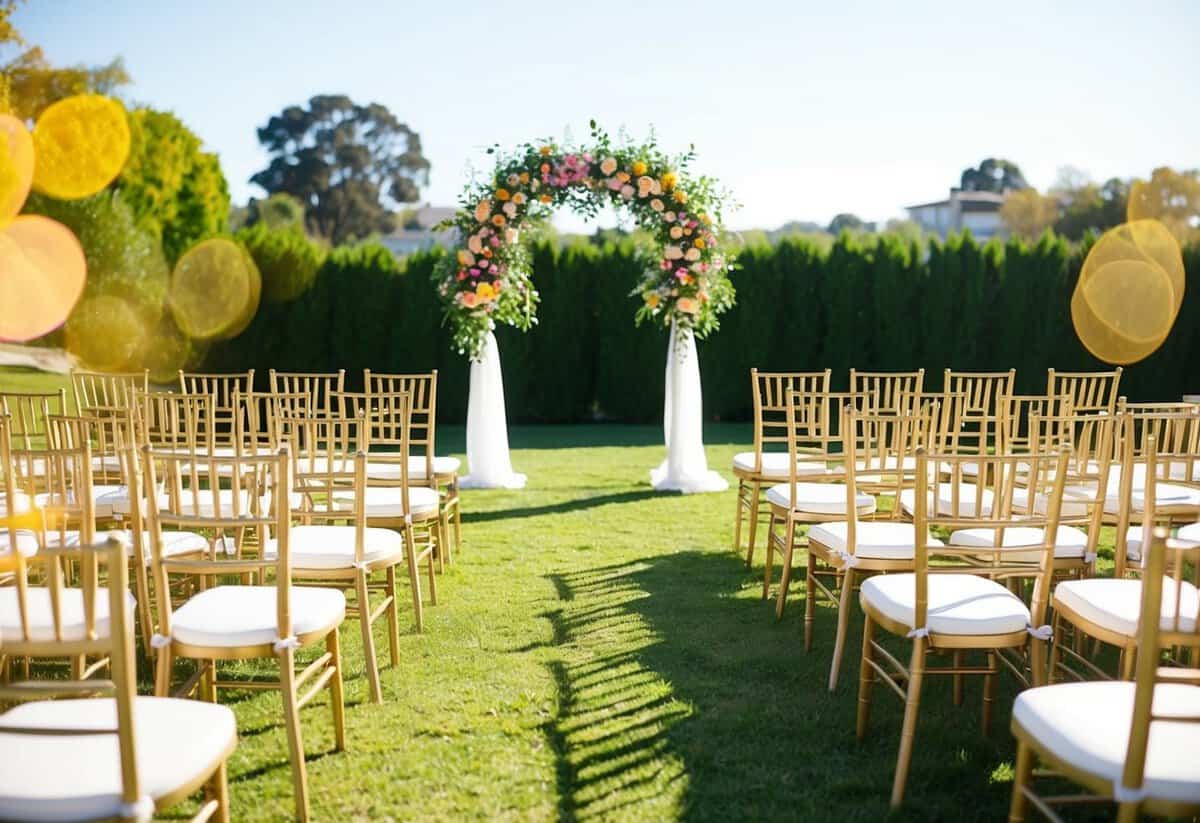 A sunny outdoor setting with colorful decorations, chairs arranged in neat rows, and a floral arch at the center