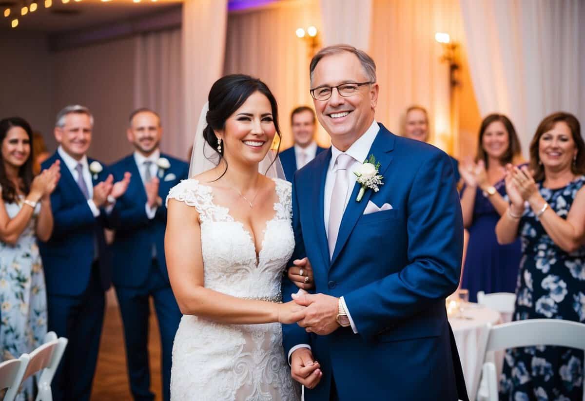 Parents stand side by side, smiling, as they are introduced at the wedding reception, with guests clapping and cheering in the background