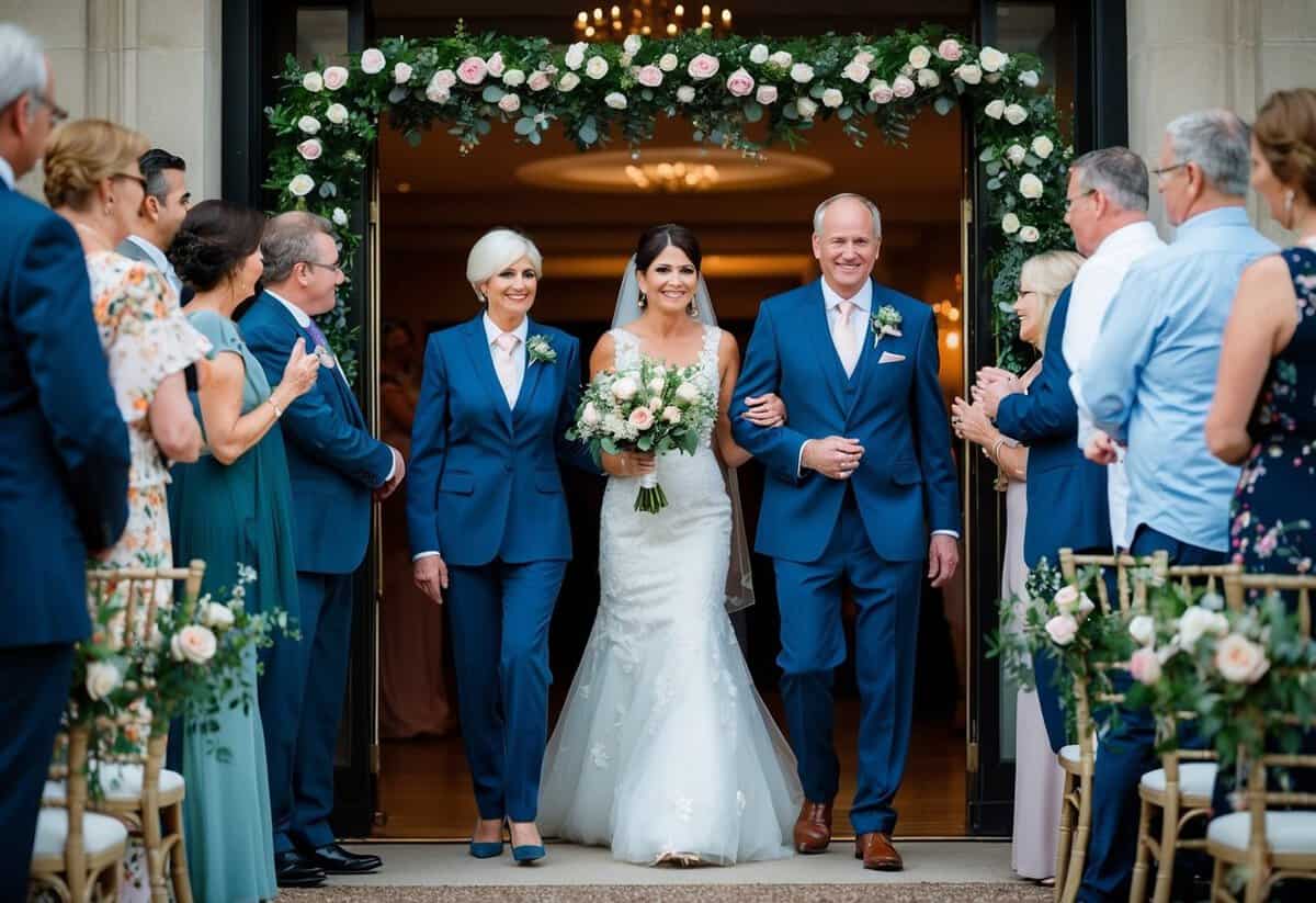 Parents stand at the entrance, greeted by guests and adorned with flowers, as they are introduced at the wedding reception
