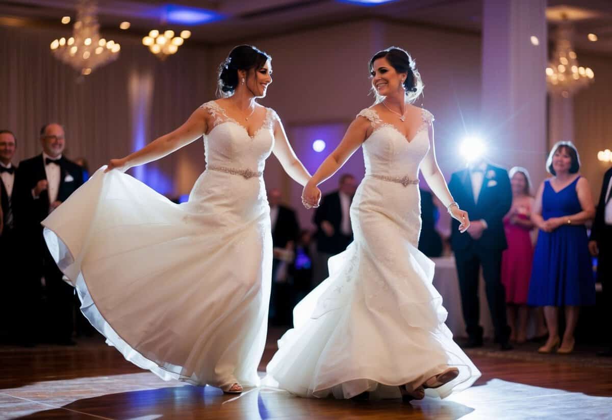 The bride and her mother twirl gracefully on the dance floor