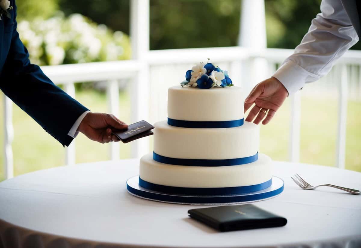 A groom's cake sits on a table at a wedding reception. A hand reaches for a wallet, ready to pay for the cake