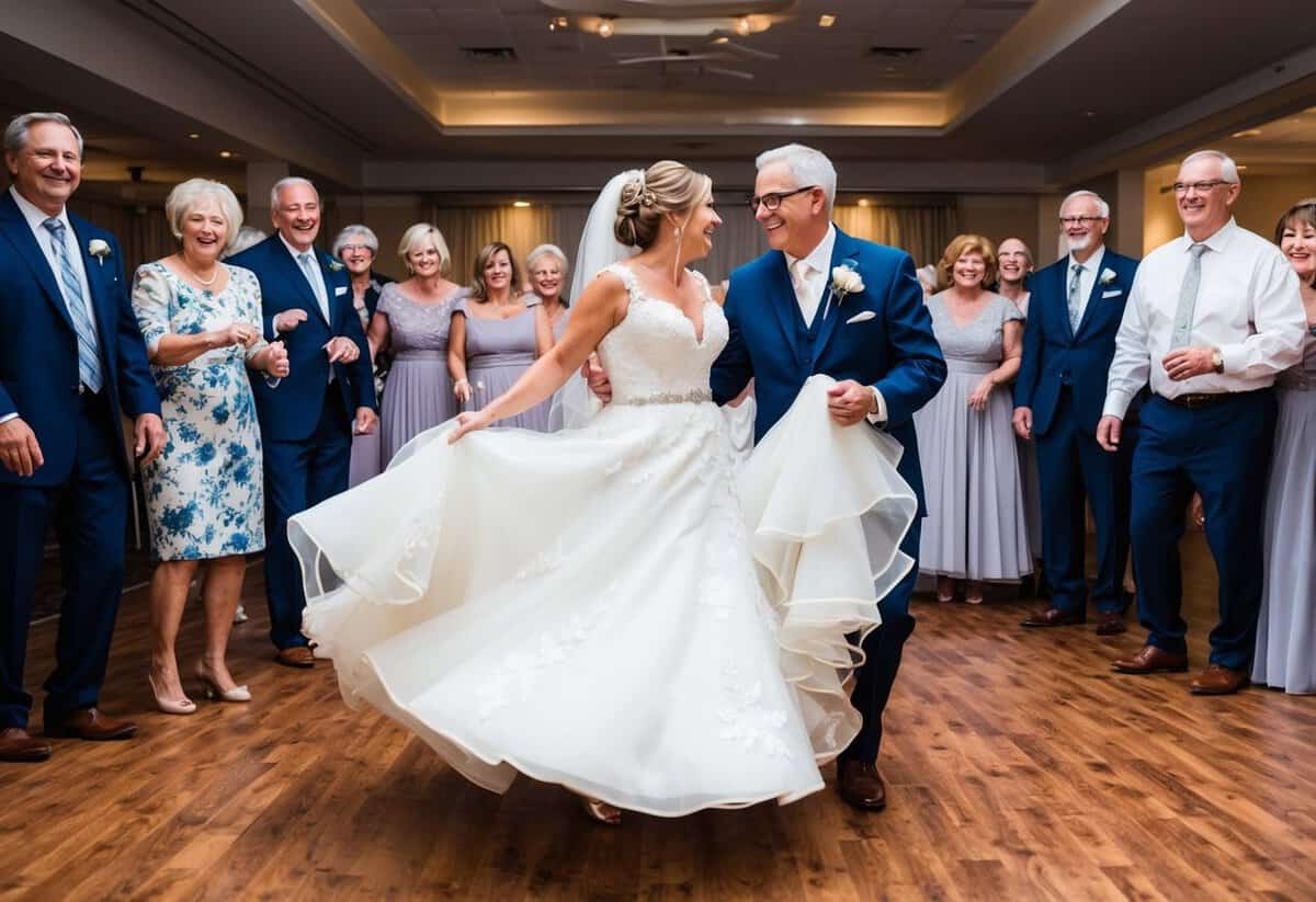 The bride and her mother twirl gracefully on the dance floor, surrounded by smiling family members