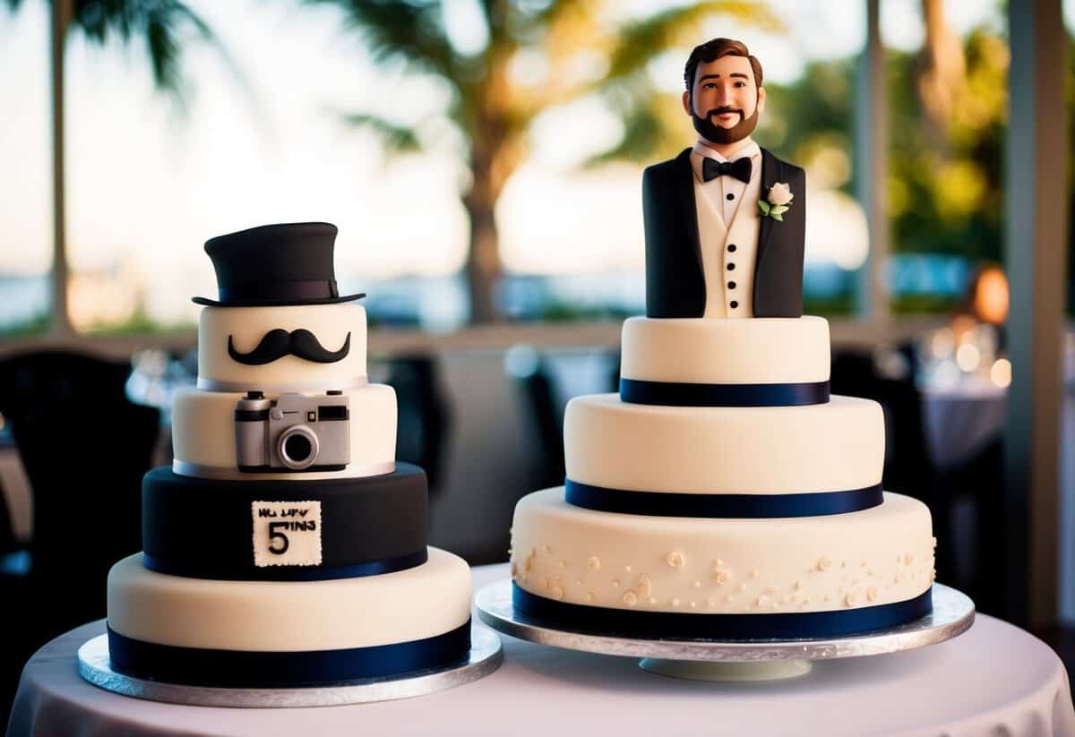 A groom's cake displayed next to the wedding cake, featuring a design that reflects the groom's hobbies or interests