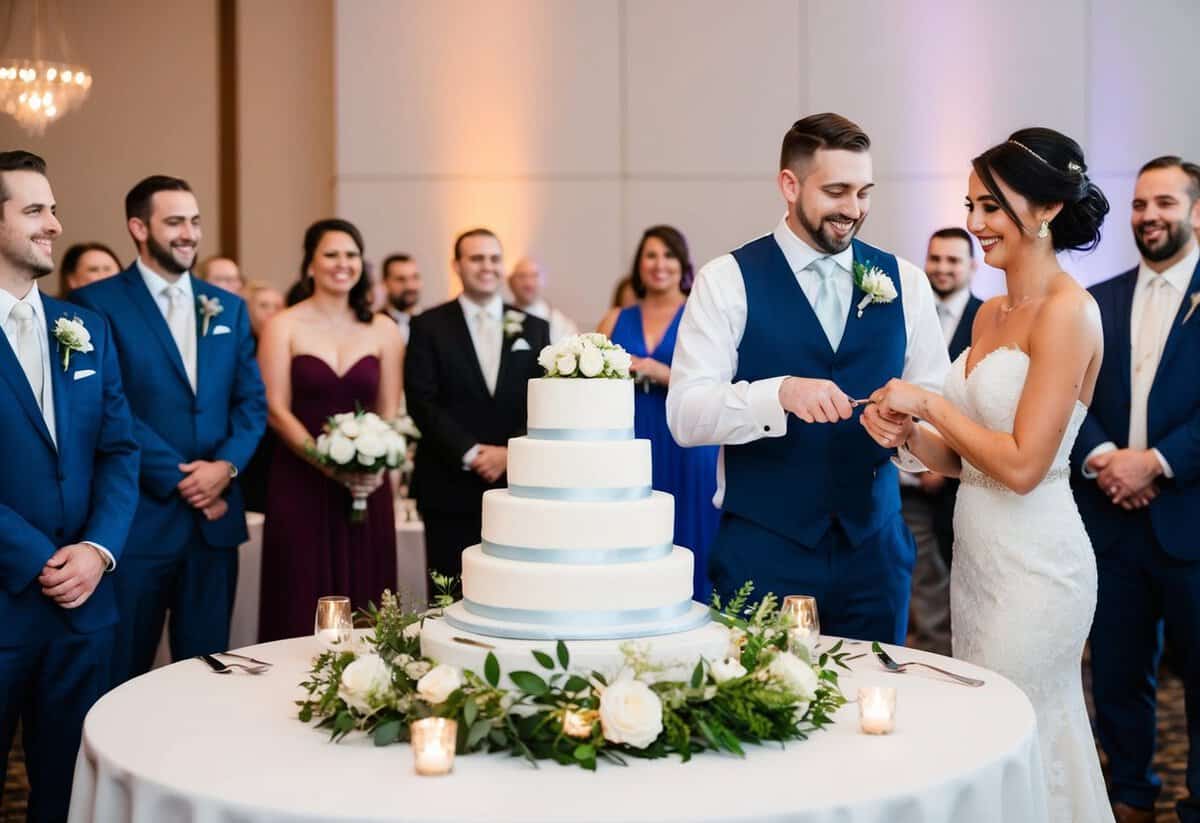 A groom's cake sits on a table at a wedding reception, surrounded by guests. The bride and groom stand nearby, smiling as they prepare to cut the cake