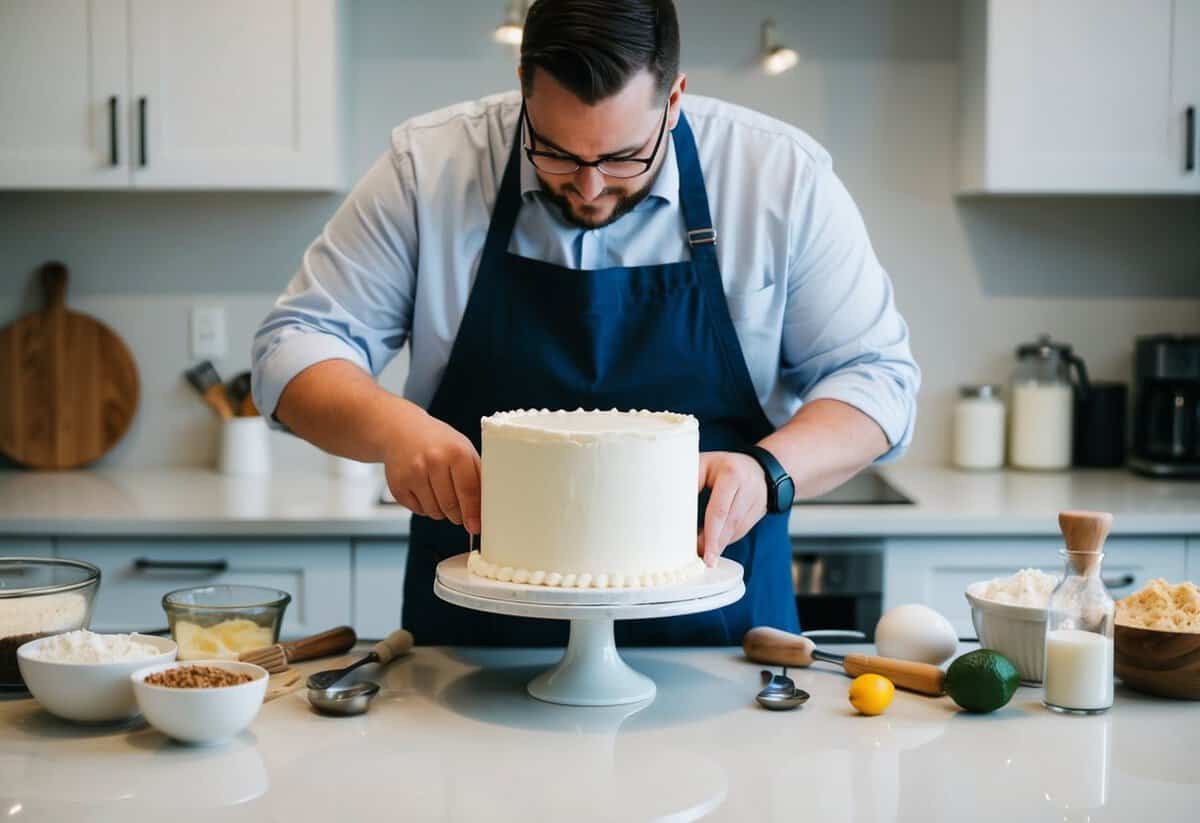 A baker creating a groom's cake, surrounded by ingredients and tools on a clean, well-lit kitchen counter