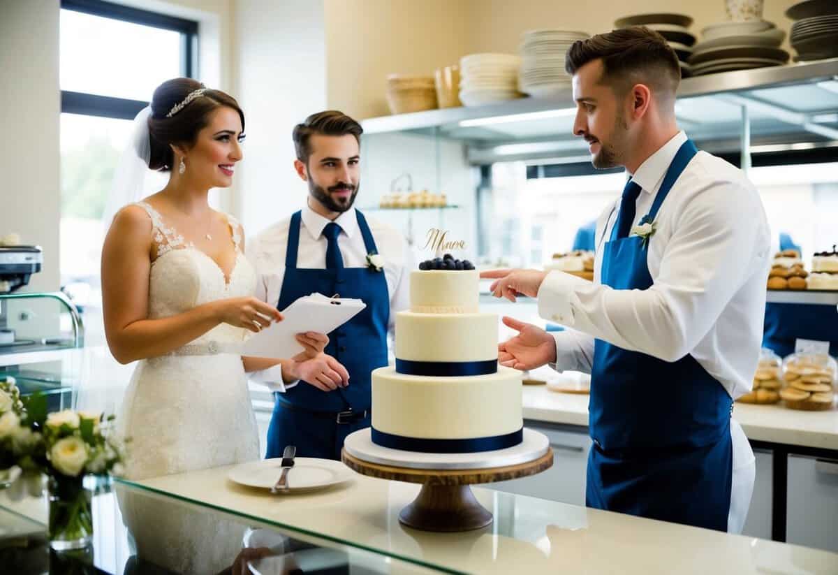 A bride and groom stand at a bakery counter, discussing a groom's cake with a baker. The bride holds a wedding planner while the groom gestures towards different cake options