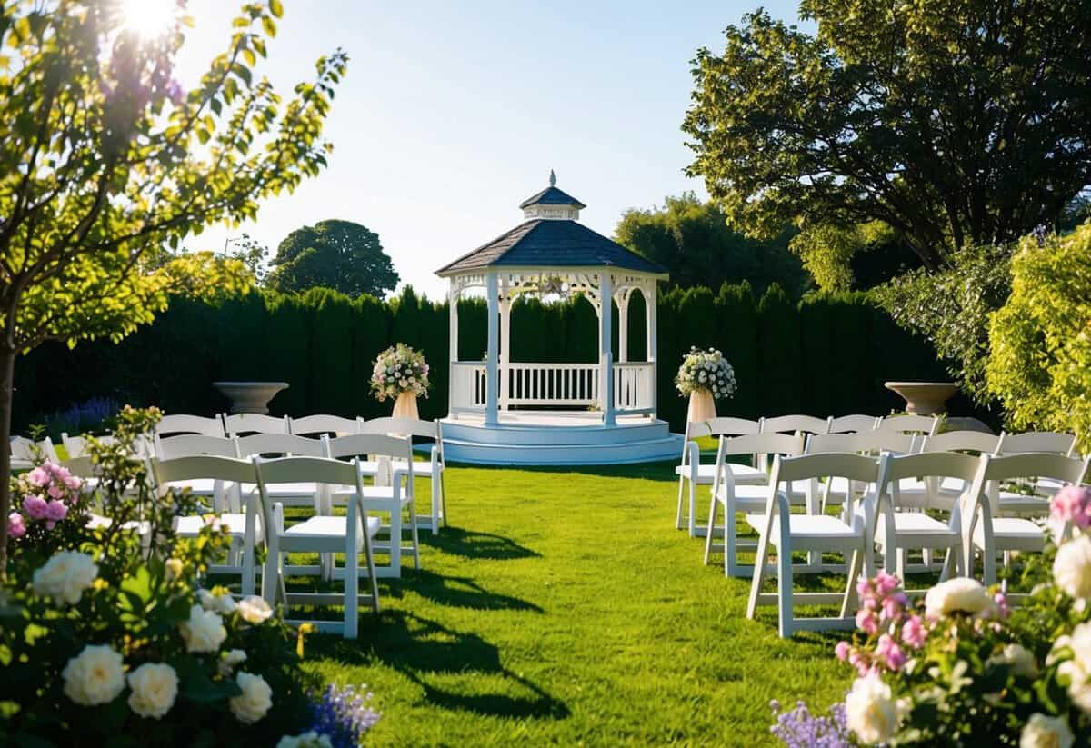 A bright, sunny afternoon in a garden with blooming flowers and a gazebo set up for a wedding ceremony