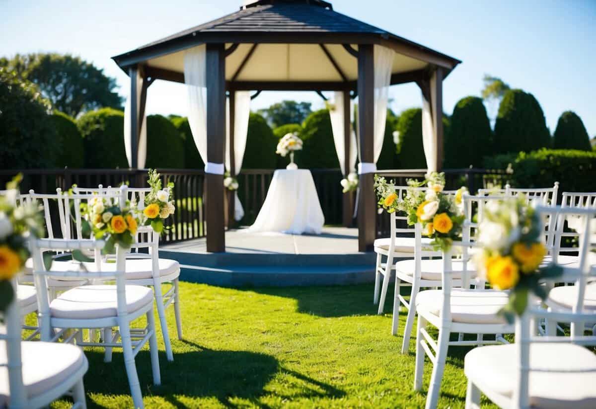 A sunny outdoor setting with a gazebo and chairs set up for a wedding ceremony. The time is mid-afternoon, with flowers and decorations adorning the space