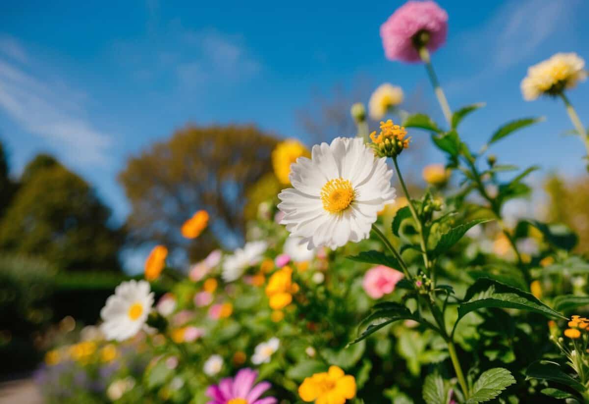 A sunny outdoor wedding in a blooming garden, with colorful flowers and a clear blue sky, set during the late spring or early summer