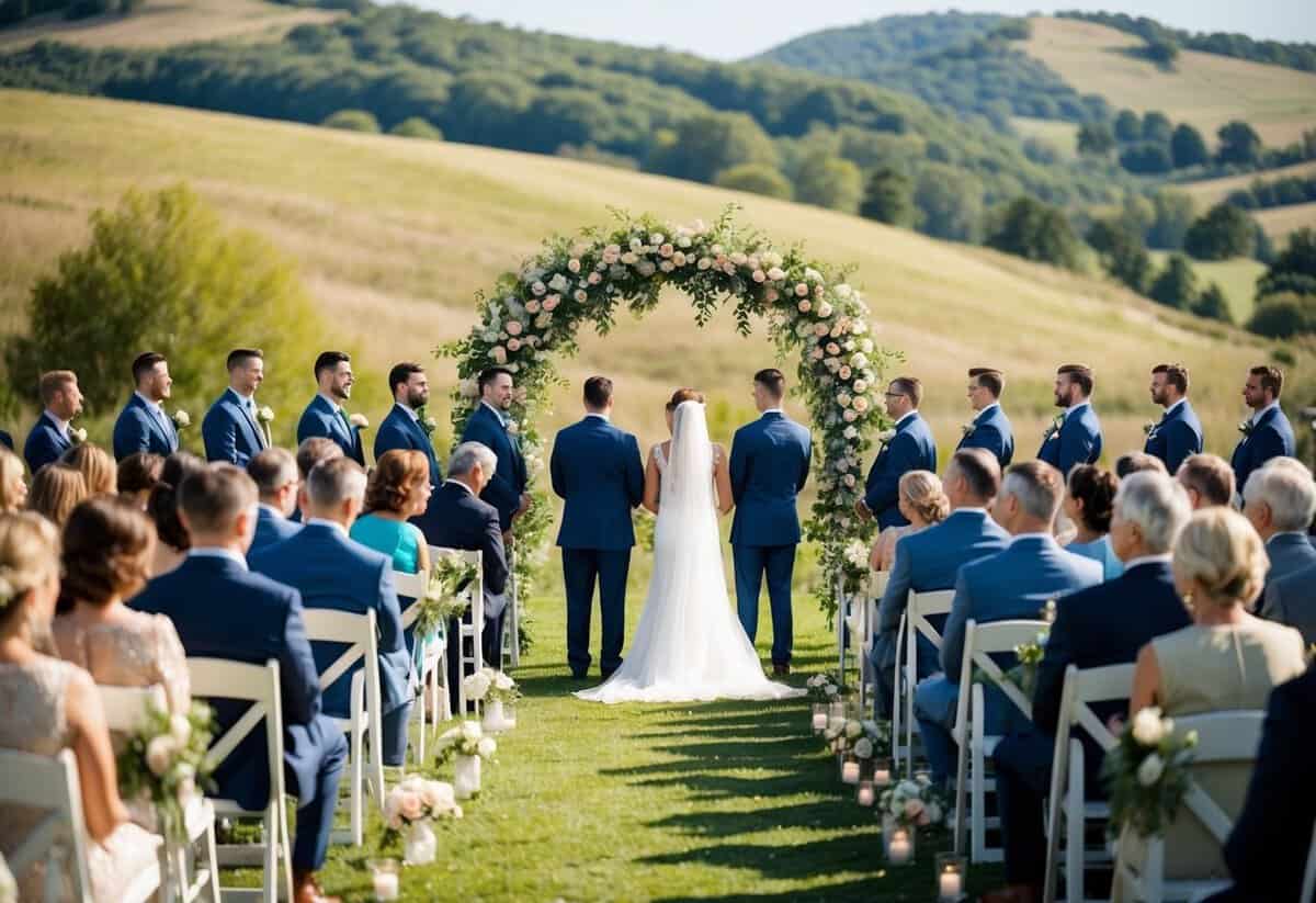 A sunny outdoor wedding ceremony with guests seated in rows facing a floral-adorned arch, set against a backdrop of rolling hills