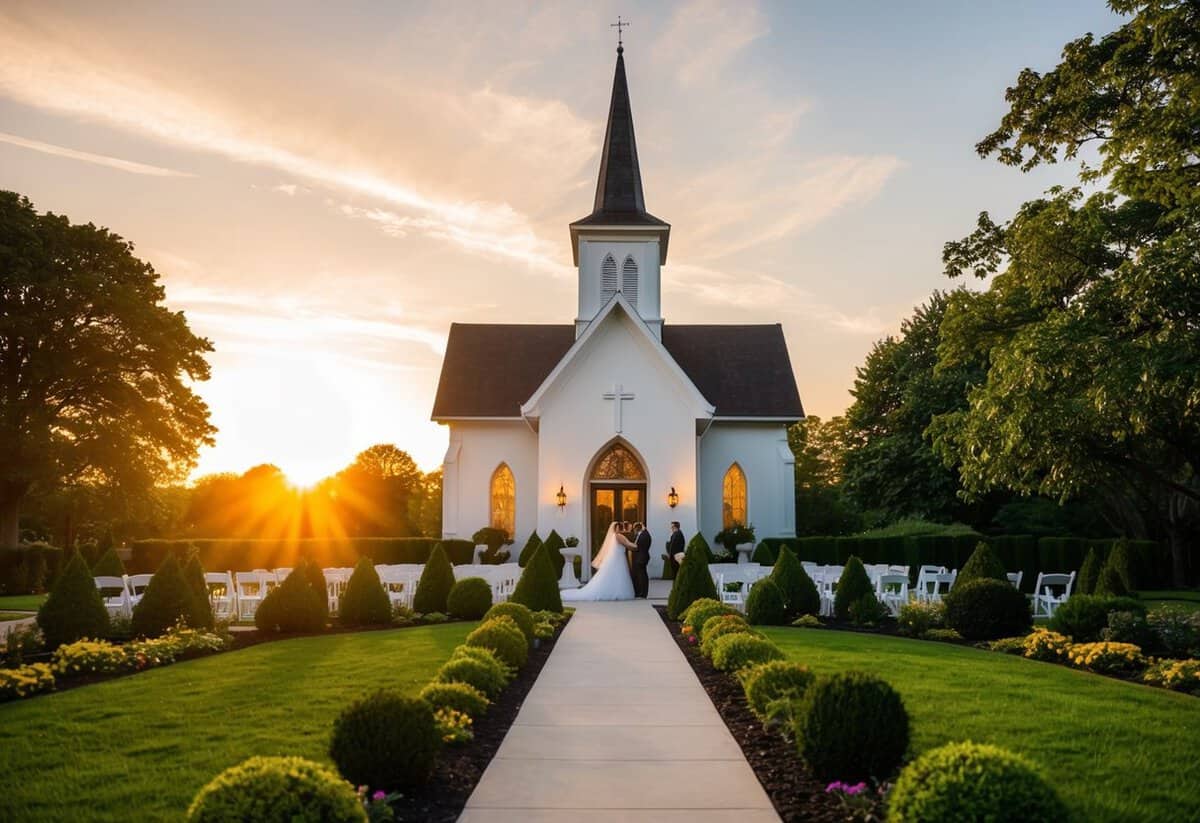 The sun sets behind a charming chapel, casting a warm glow over a beautifully landscaped garden where a wedding ceremony is about to take place