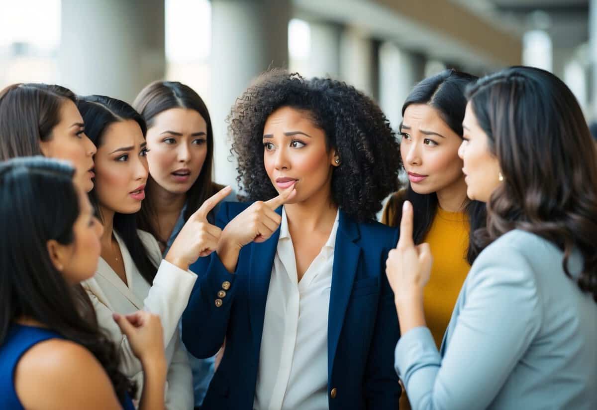 A group of women gossiping and pointing at a woman, while another woman looks disapprovingly at them