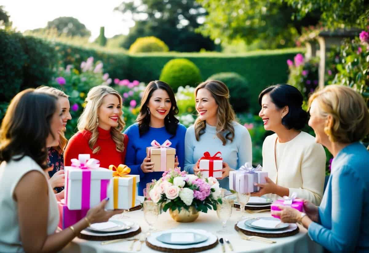 A group of women gather in a garden, holding gifts and chatting happily while seated around a table decorated with flowers and elegant tableware