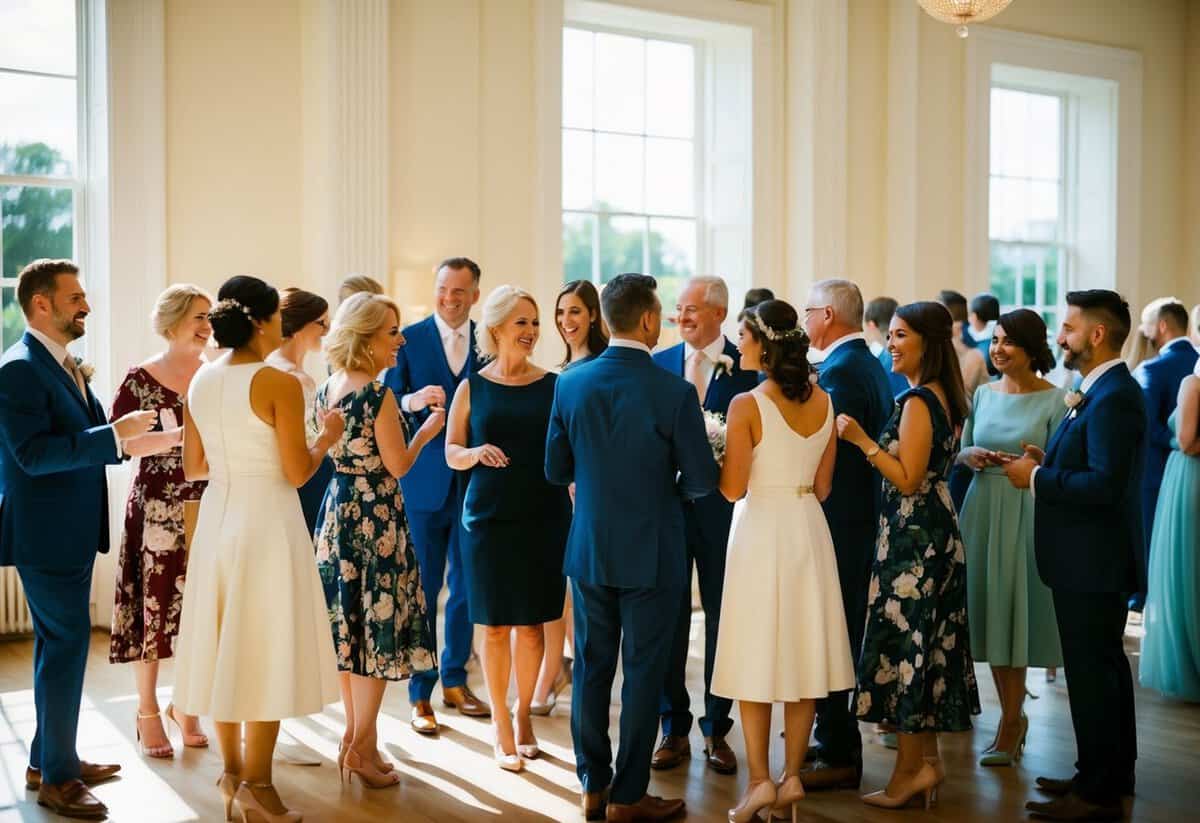 A group of elegantly dressed individuals gather in a sunlit room, mingling and exchanging pleasantries as they celebrate the upcoming nuptials