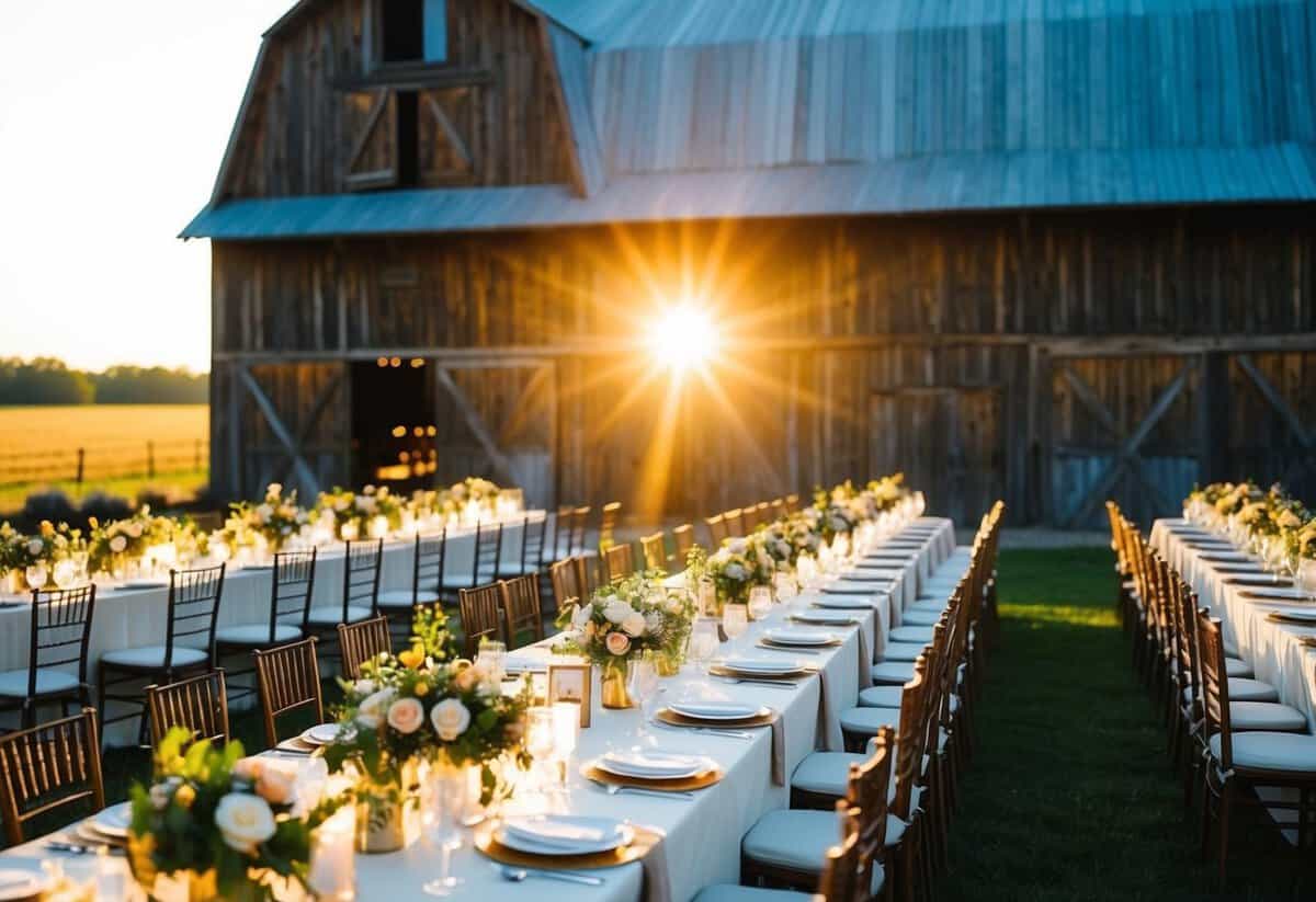 The sun sets behind a rustic barn, casting a warm glow on long tables adorned with elegant place settings and floral centerpieces