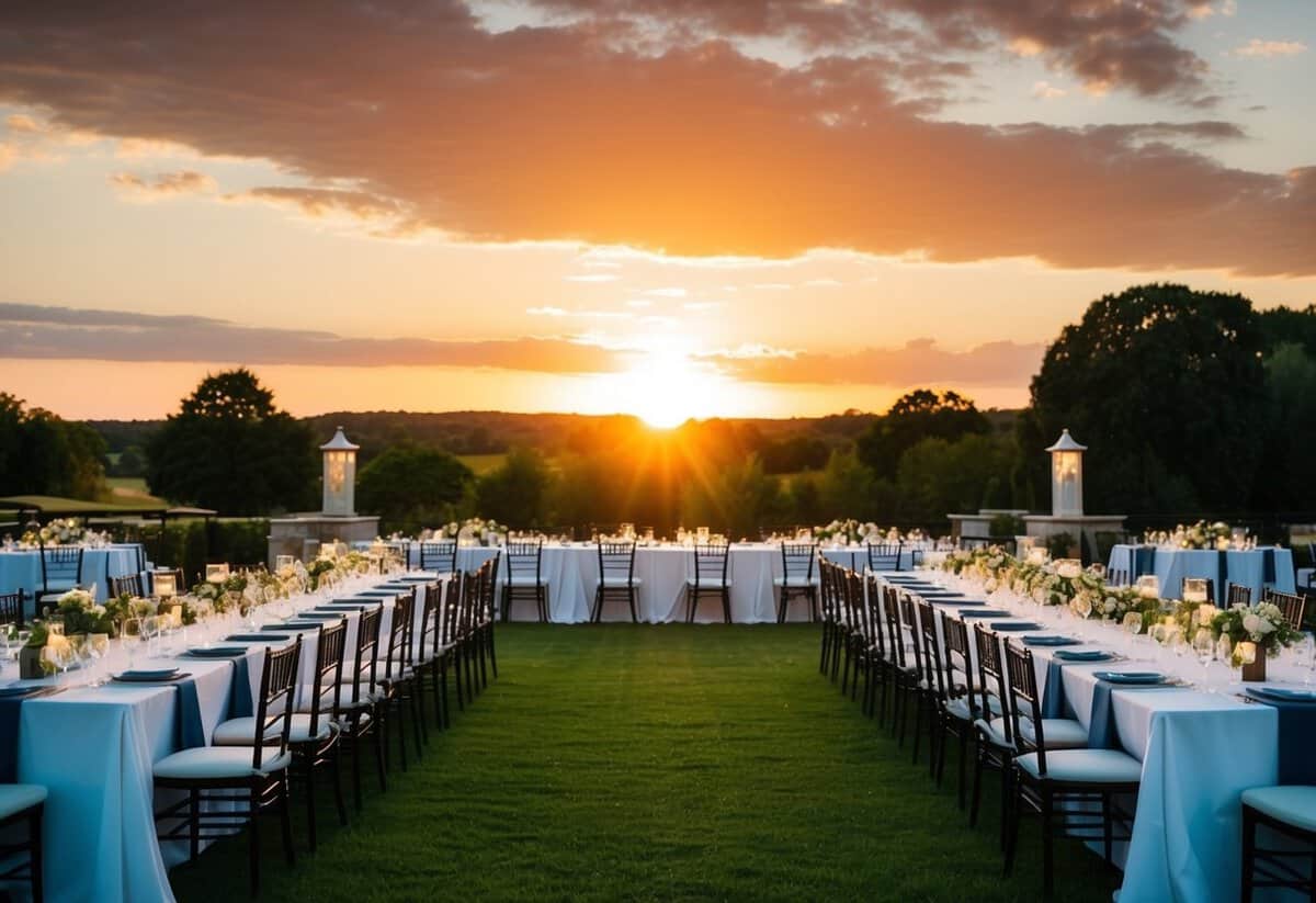 The sun setting behind a picturesque outdoor wedding venue, with long banquet tables set up for a formal dinner reception