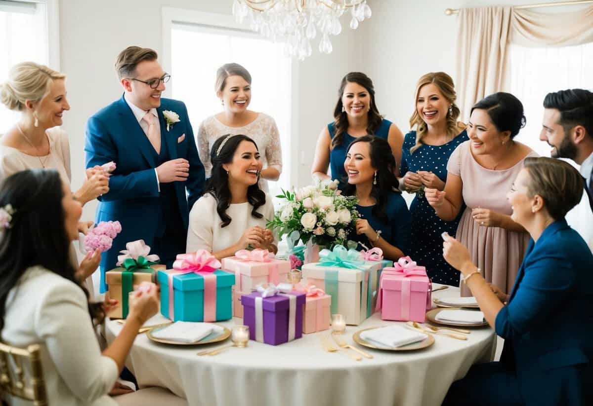 A group of wedding guests gather around a table filled with gifts, chatting and laughing as they celebrate the bride-to-be at her bridal shower