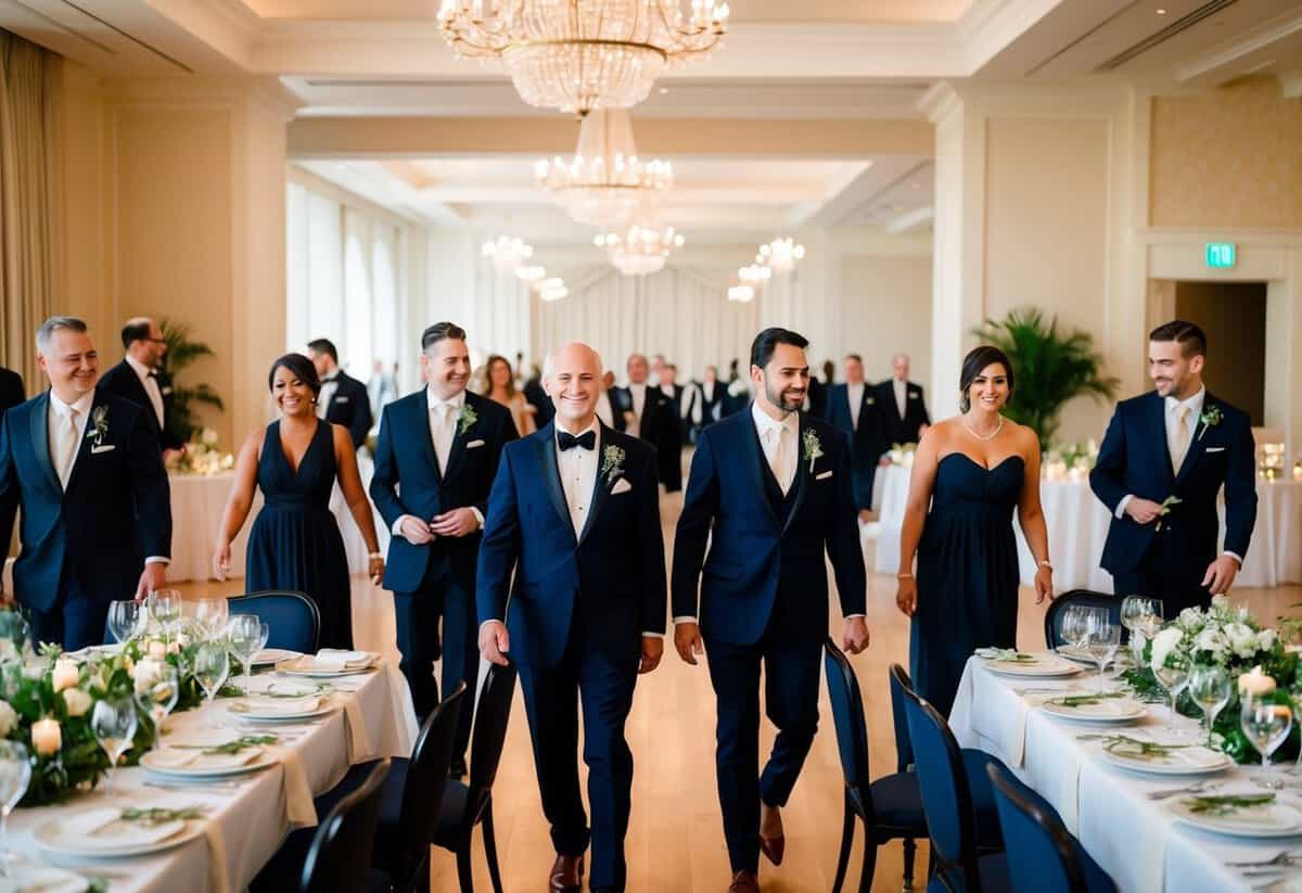 Guests moving from ceremony to reception area, tables set with elegant place settings, waitstaff preparing to serve dinner
