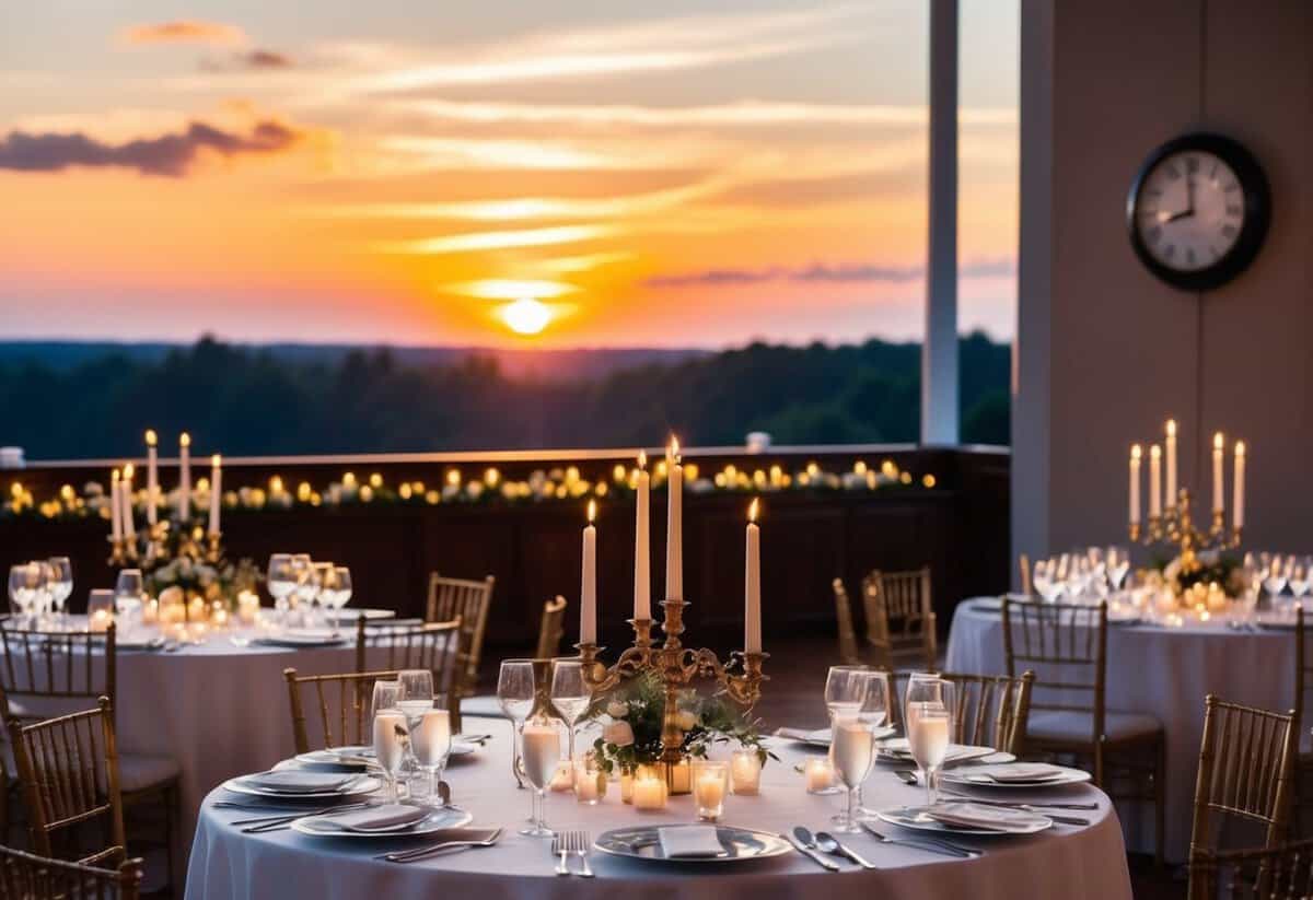 The sun sets behind a grand reception hall, where tables are set with elegant place settings and flickering candles. A clock on the wall reads 7:00, indicating the start of dinner