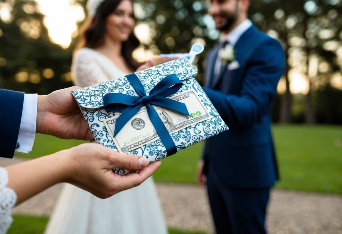 A decorative envelope with a ribbon containing a monetary gift is being handed over to a couple