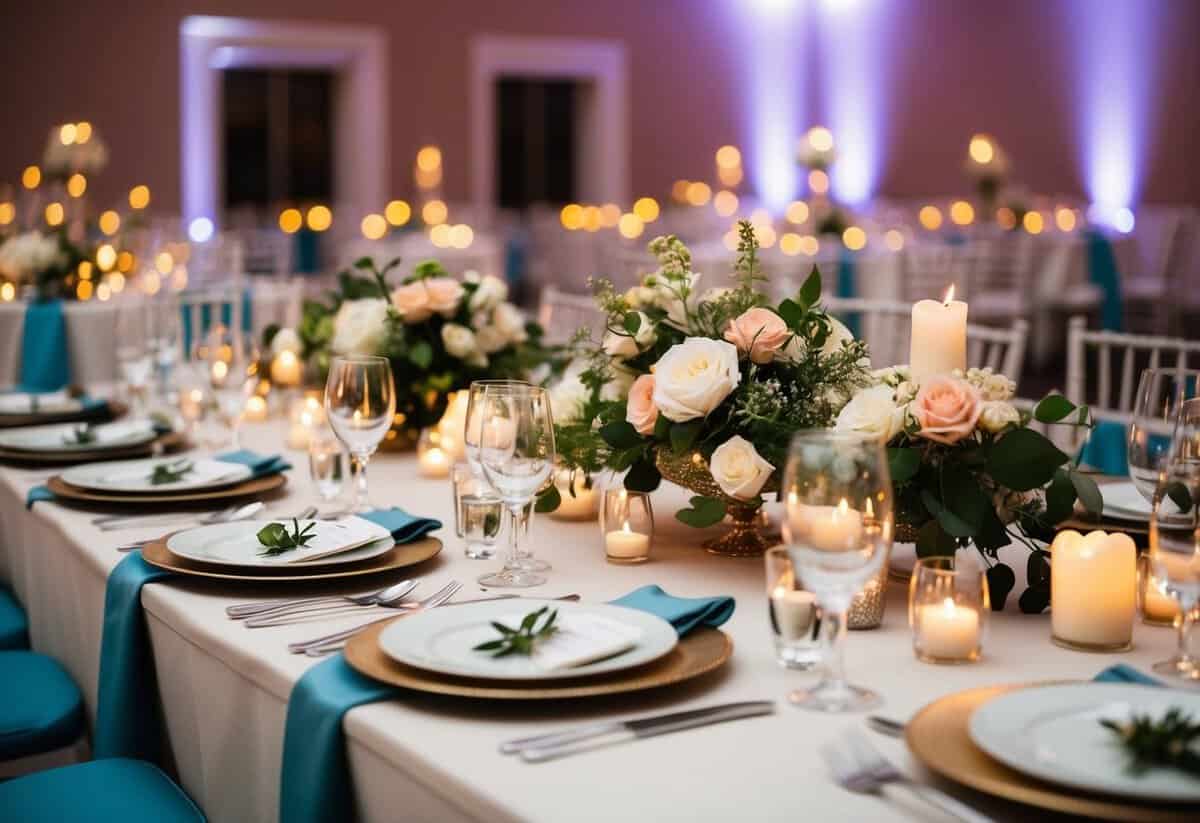 A beautifully set dining table at a wedding reception, adorned with elegant place settings, floral centerpieces, and glowing candlelight
