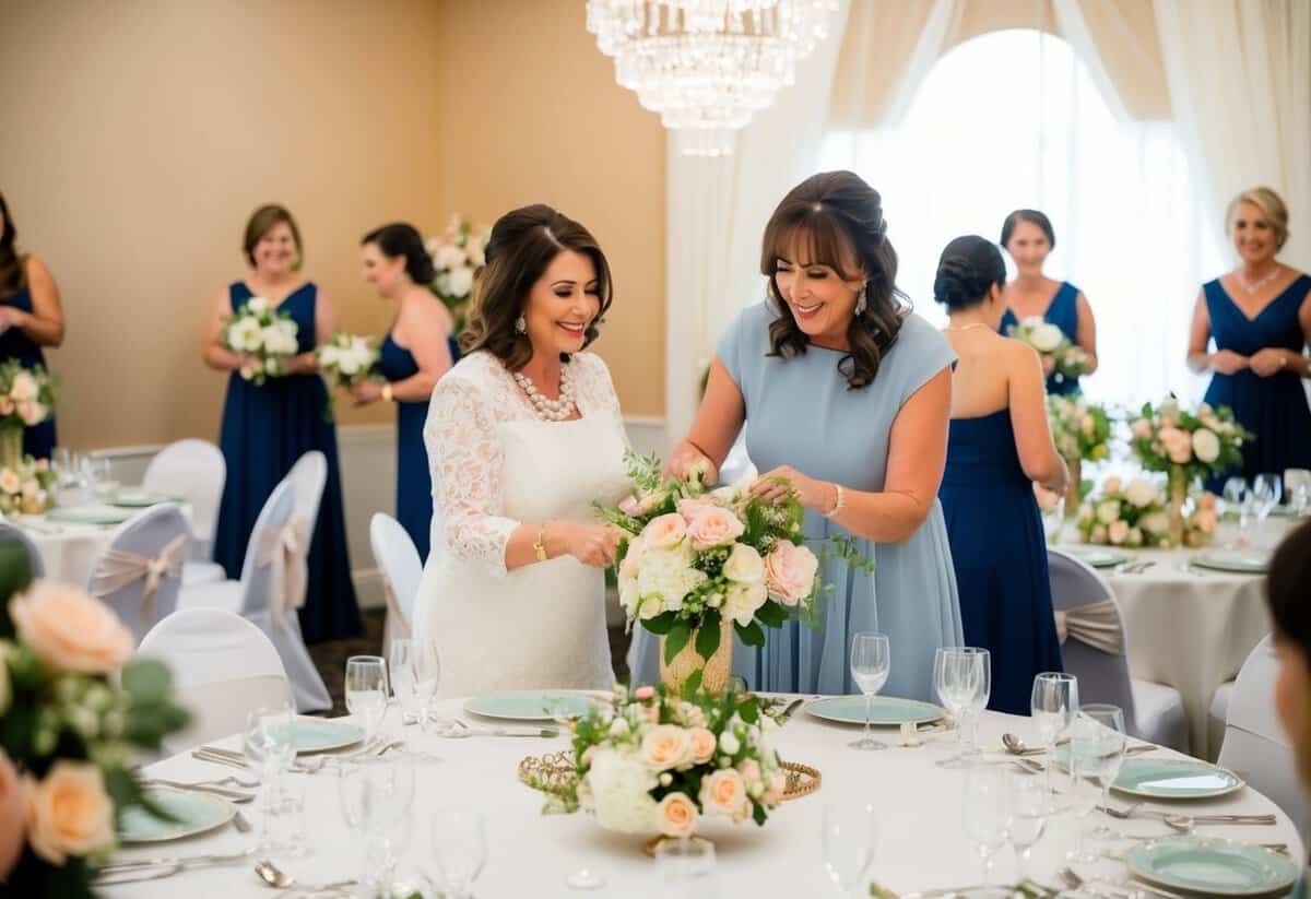 The mother of the bride helps decorate the venue for the bridal shower, arranging flowers and setting up tables with elegant place settings