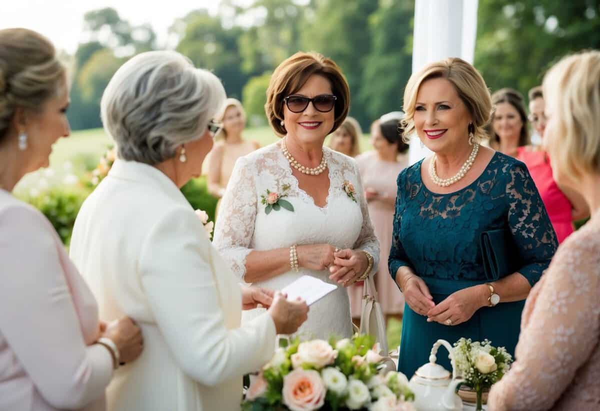 The mother of the bride greets guests and helps with preparations at the bridal shower
