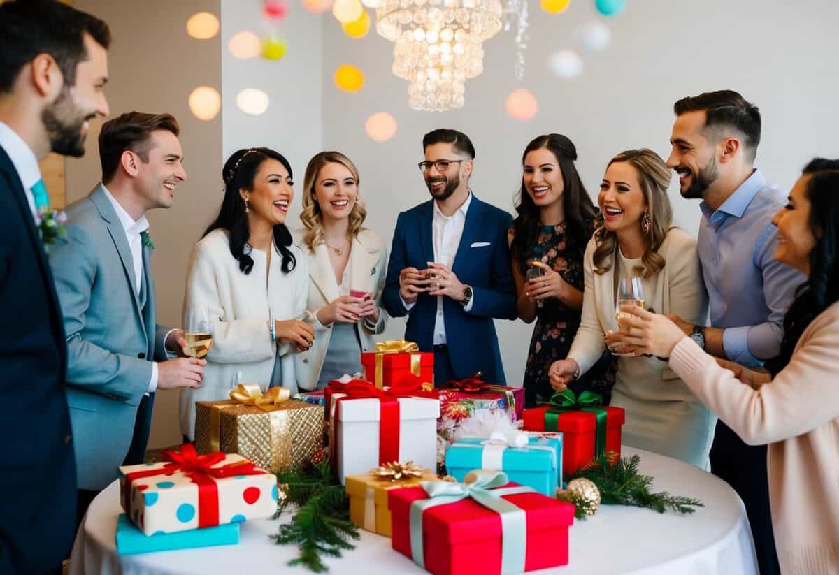 A group of people gather around a table filled with gifts and decorations, chatting and laughing as they celebrate a bride-to-be