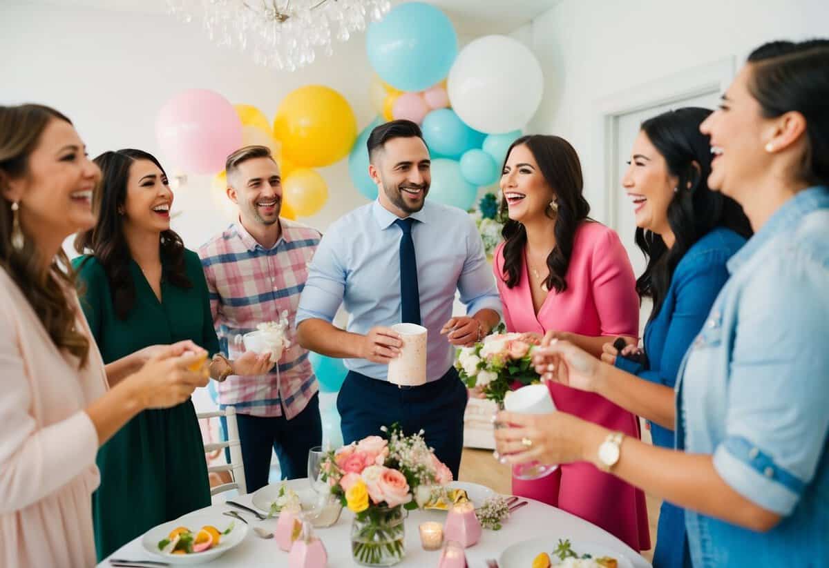 A group of people gathered in a bright, decorated room. A man is happily participating in the bridal shower activities, surrounded by laughter and joy