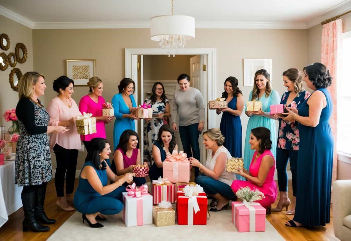 A group of women gather in a decorated room, arranging gifts and decorations for a bridal shower. A man stands at the entrance, hesitating to join