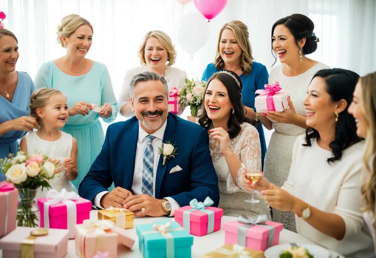 A father attending a bridal shower, surrounded by family and friends, celebrating the upcoming wedding with gifts and laughter