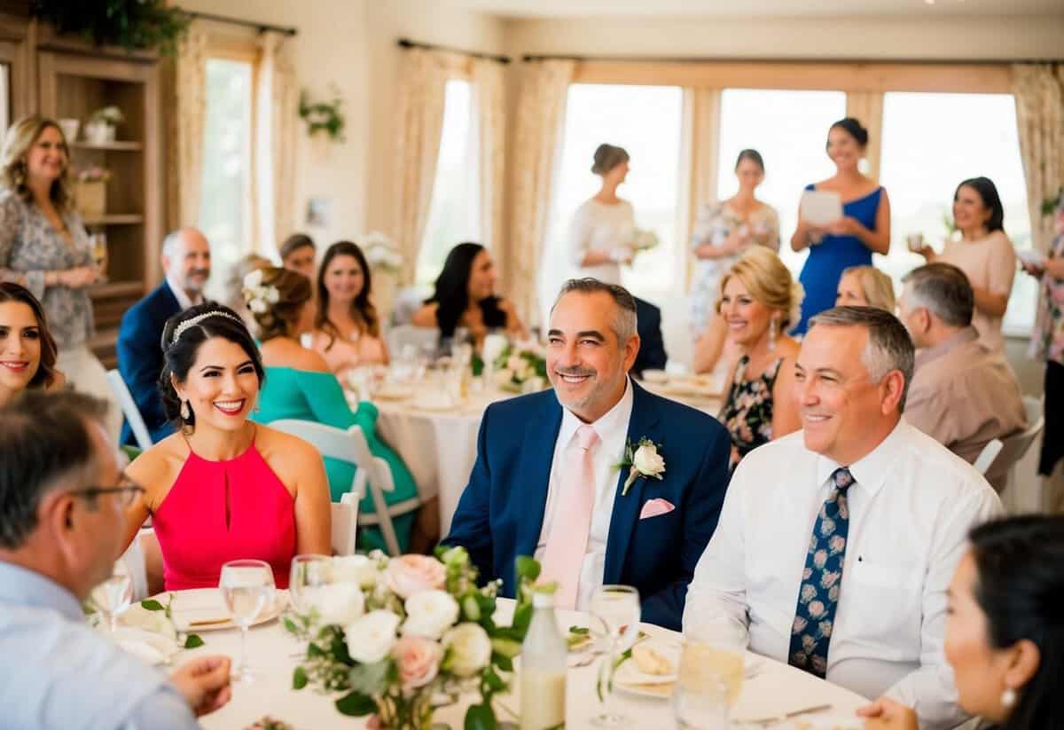 Fathers sit among guests at a bridal shower, participating in games and activities with the bride-to-be