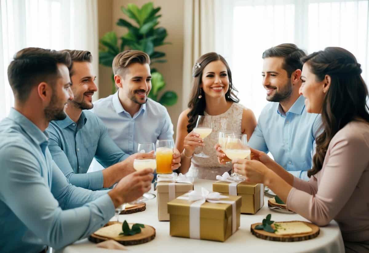 A group of men and women socialize at a coed bridal shower, sipping drinks and exchanging gifts