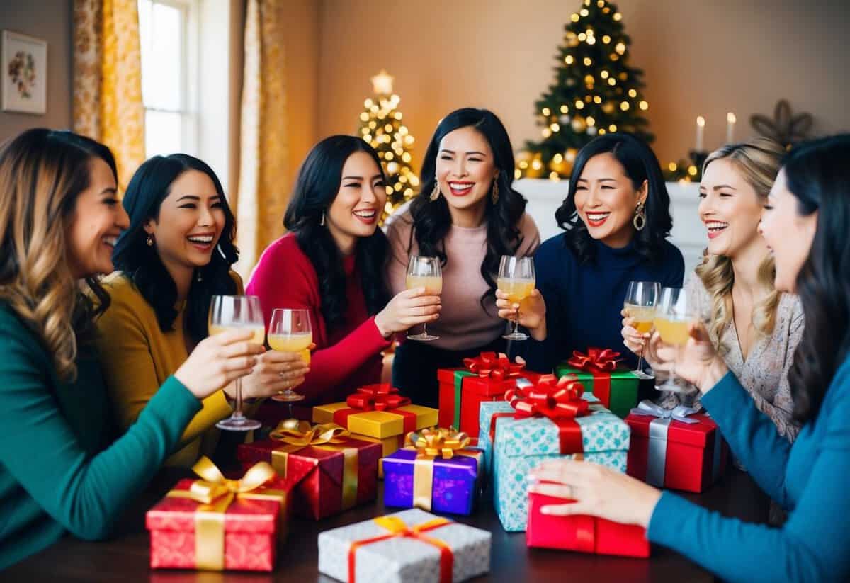A group of women gather in a decorated room, sipping drinks and playing games. Gifts are piled on a table, and laughter fills the air