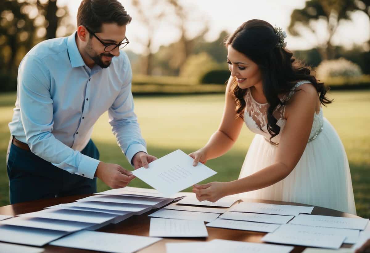A couple sorting through wedding invitations and organizing seating charts
