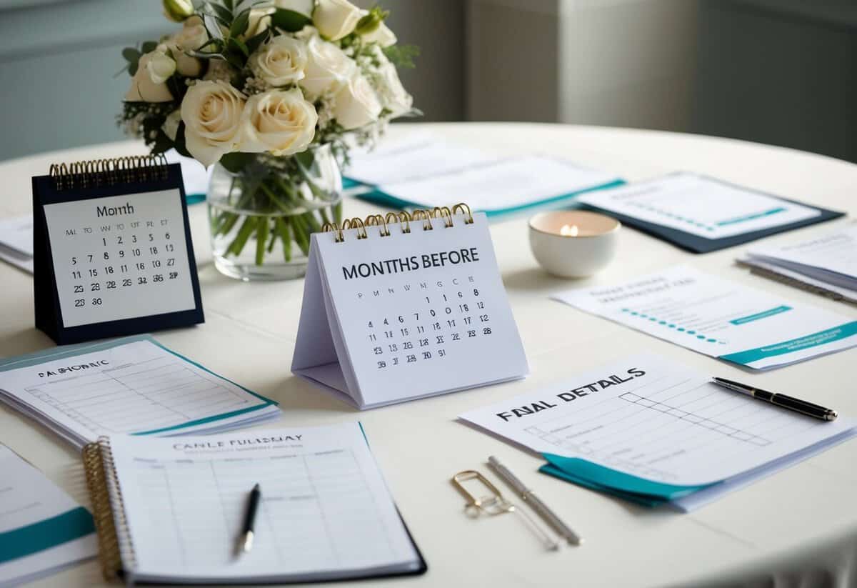 A table covered in wedding planning materials, with a calendar showing the date two months before the wedding, and a checklist of final details