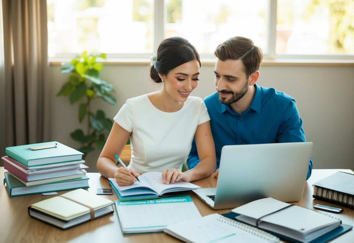 A couple sitting at a table, surrounded by wedding planning books, calendars, and a laptop. They are discussing and making notes on various tasks
