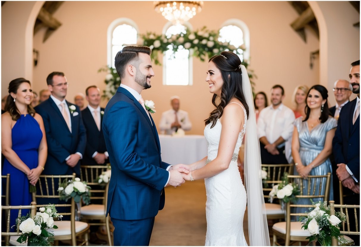 A couple stands facing each other, surrounded by wedding decor. They exchange vows as guests look on