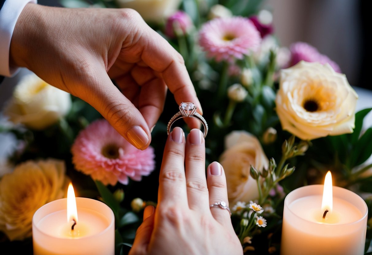 A wedding ring being placed on a finger, surrounded by flowers and candles