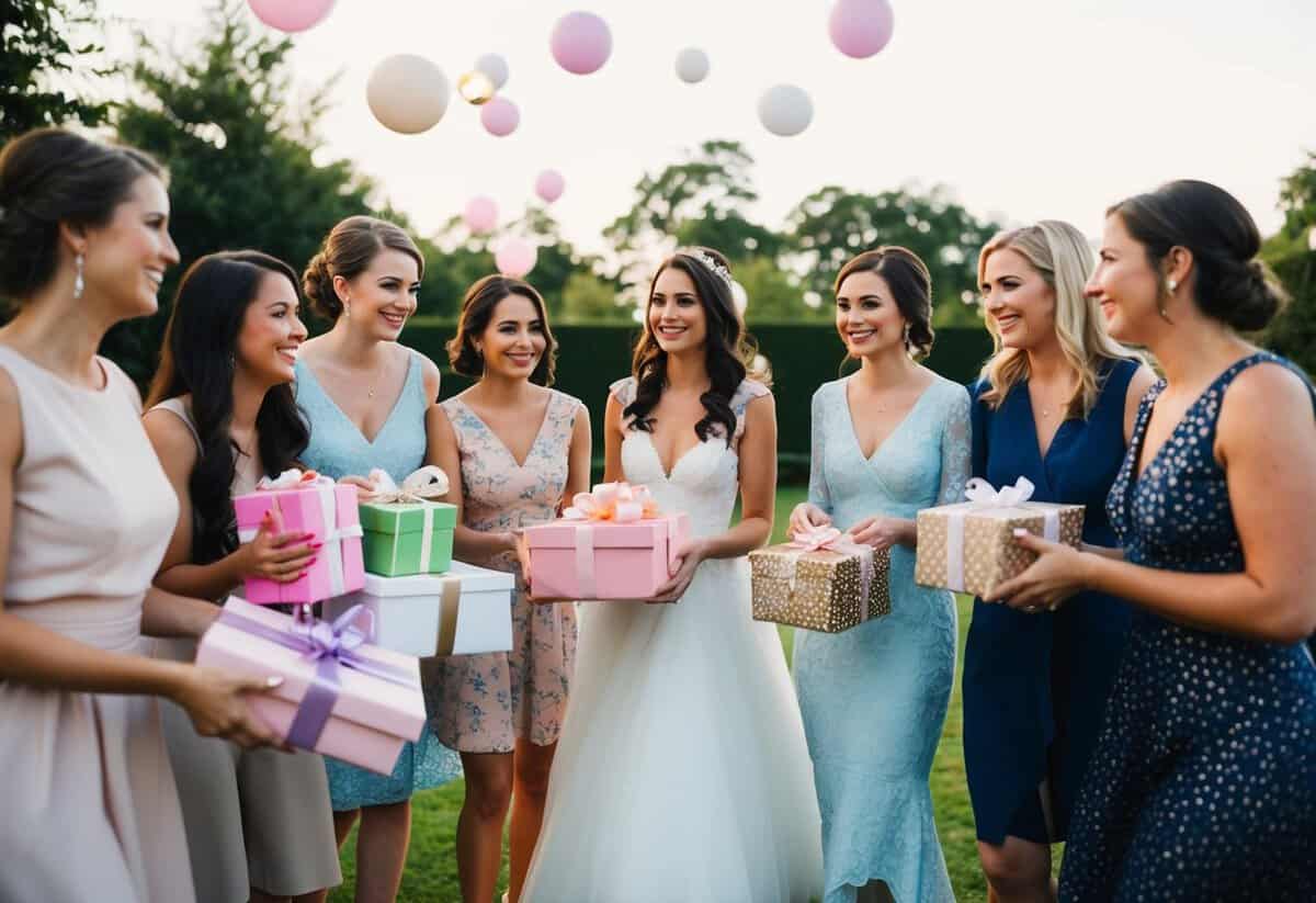 A group of friends gather to celebrate the bride's upcoming wedding, bringing gifts and setting up decorations for the bridal shower